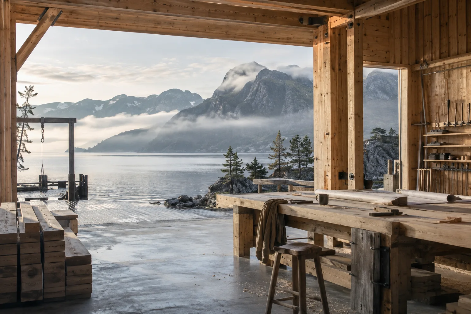 Trekonstruksjon i verksted ved fjorden, med bærende søyler og åpent landskap.