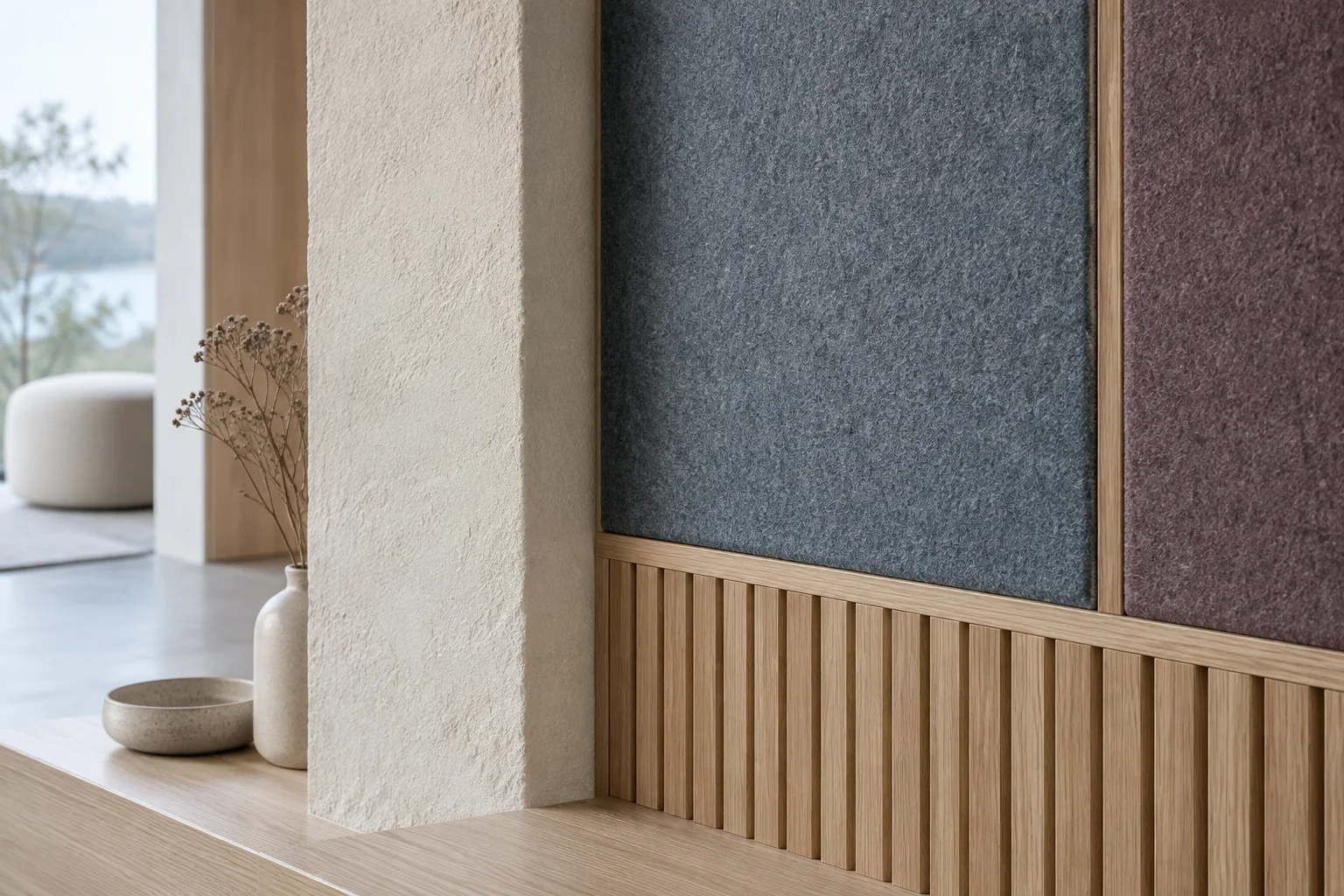 Materialstudie med tre, tekstil og akustiske overflater.